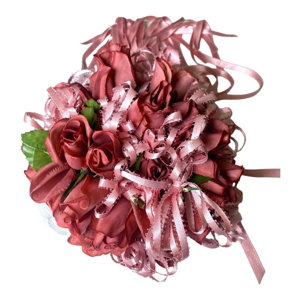 VTG Silk Flower & Lace Streamers Wedding Bridal Bouquet Red Rose & Pink Ribbons